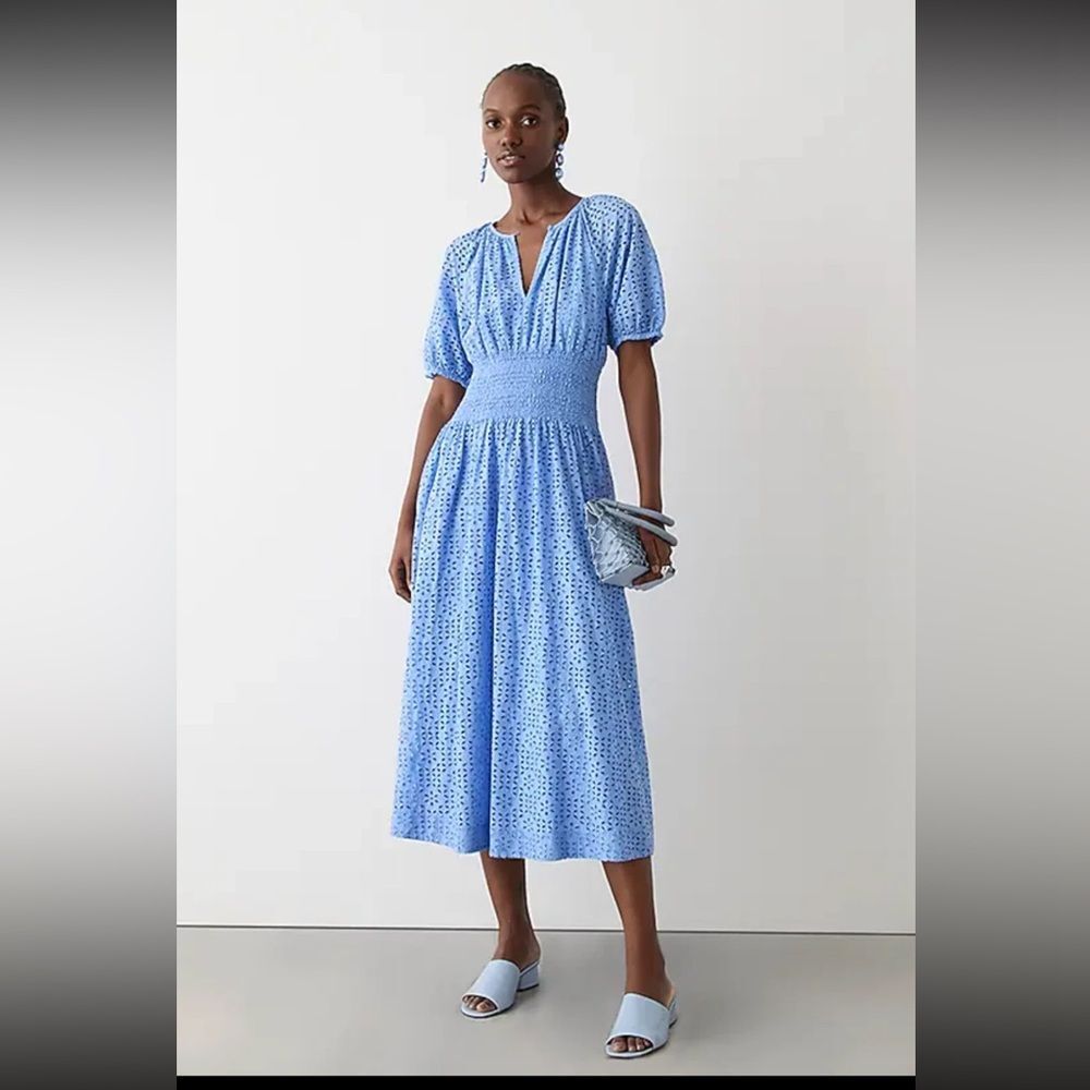 J. Crew Blue Puff Sleeve Smocked Waist Eyelet Midi Dress, Size LP - New $248!